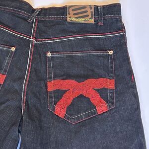 Evolution in Design Y2K Shorts Mens 38W Baggy Black Denim Embroidered Hip Hop